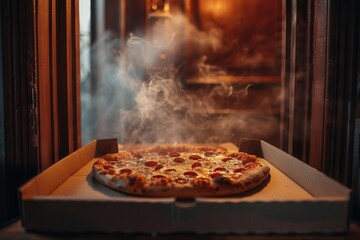 Pizza delivery box being opened with a steaming hot pizza inside close up, anticipation theme, dynamic, Composite, front door backdrop