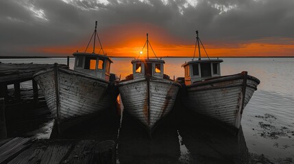 Orange Sunset Illuminates Weathered Fishing Boats at Twilight Harbor