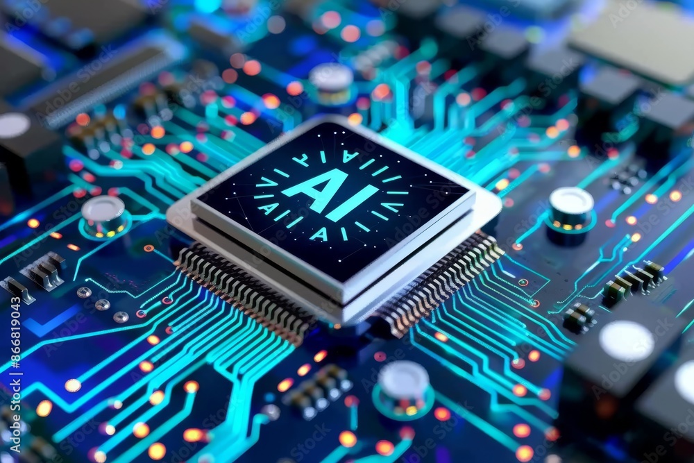 Poster ai microchip on blue circuit board, highlighting advanced technology, artificial intelligence, and h