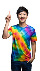 Man Wearing Colorful Tie Dye Shirt Pointing Upwards