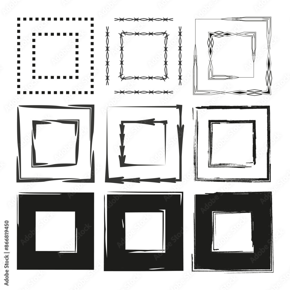 Poster decorative square frames. varied border styles. black and white vector. abstract design set.
