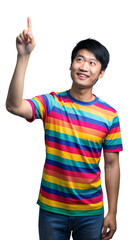 Man In Rainbow Striped T-Shirt Pointing Upward