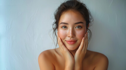 Obraz premium beautiful young Korean woman touches her face with hands on white background, beauty shoot, healthy clean skin, studio, head shot, model, wellness, makeup, female, smile, Asian, Japanese, Chinese girl