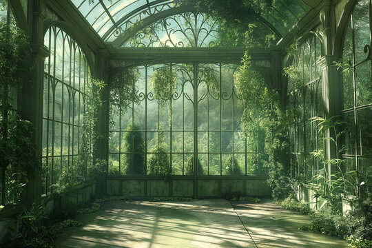 Greenhouse filled with exotic plants, in the style of clear glass and moss green, botanical paradise, climbing vines