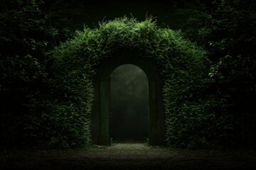 Obraz premium A mysterious archway of lush greenery leads into a dark, shadowy forest.
