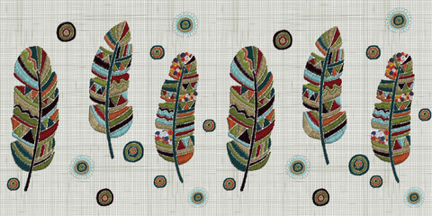 Embroidery Feathers. Horizontal Seamless Pattern. Colorful hoop art. Boho, crafts, hand embroidery patterns. Linen cloth texture. Vector.	