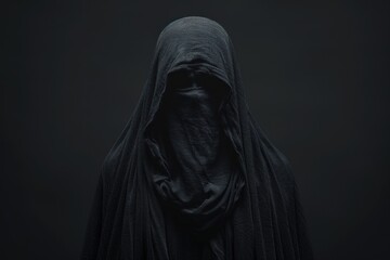 A mysterious figure cloaked in darkness, their face hidden from view. The image evokes a sense of intrigue and secrecy.
