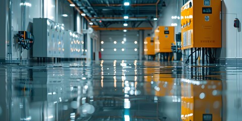 Restoring waterdamaged electrical rooms protecting submerged cables and ensuring safety measures. Concept Water Damage Restoration, Electrical Safety Measures, Submerged Cables