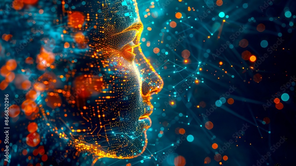 Poster futuristic digital human face concept art with glowing dots and lines. a captivating blend of techno