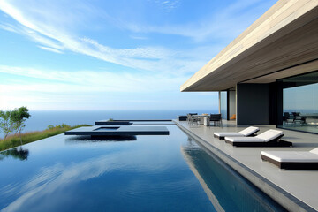 Obraz premium Minimalist pool area, sleek design, uncluttered deck, simple loungers, water as the focal point 