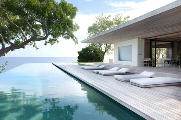 Minimalist pool area, sleek design, uncluttered deck, simple loungers, water as the focal point 