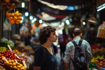 A person walking through a bustling market, their face showing curiosity and interest,