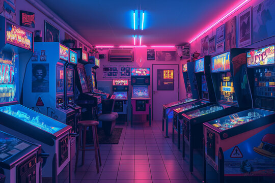 Retro game room, in the style of neon pink and electric blue, 80s arcade, pinball machines, pixel art, pop culture posters