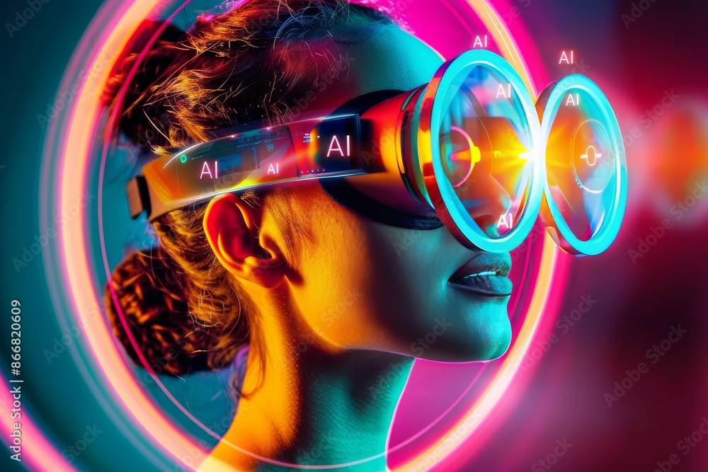 Poster woman using vr headset with ai interface, showcasing advanced technology, artificial intelligence, a