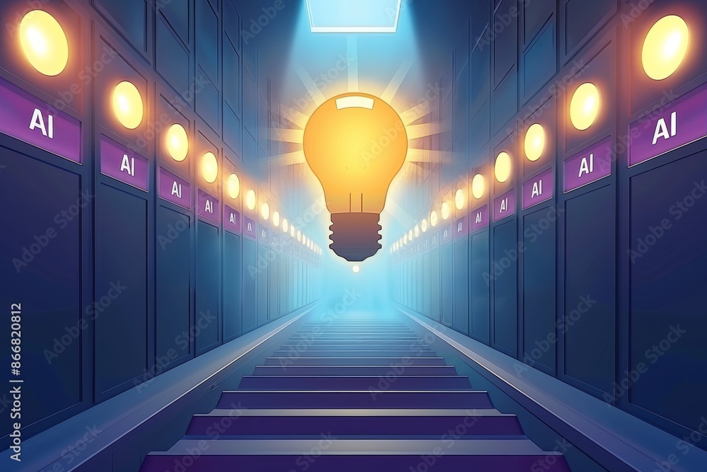 Poster ai lightbulb in futuristic hallway with neon lights, highlighting tech innovation and advanced compu