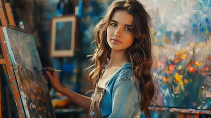 Fototapeta premium Gorgeous young artist in studio, soft lighting, artistic atmosphere, deep gaze, casual attire, expressive art background