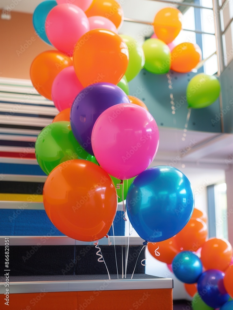 Aufkleber a cluster of vibrant balloons in corporate colors decorates an office event. the balloons are arrang