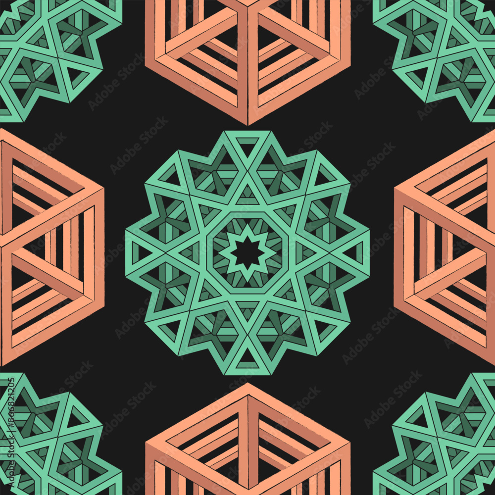 Poster seamless pattern with complex geometric shapes on a black background. vector illustration