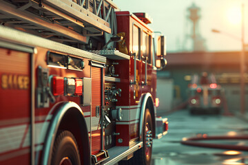 A fire truck parked at a fire station with another fire truck in the background during a sunny day