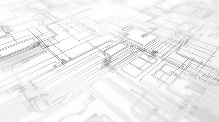 Fototapeta premium Abstract circuit pattern overlay on an architectural blueprint against a clean white background, symbolizing the integration of technology in modern building design, presented in realistic