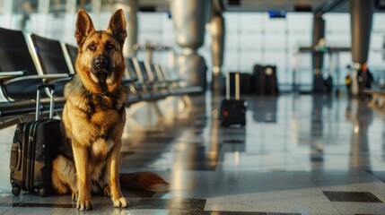 German shepherd with suitcase at airport, early morning light. Travel and journey concept