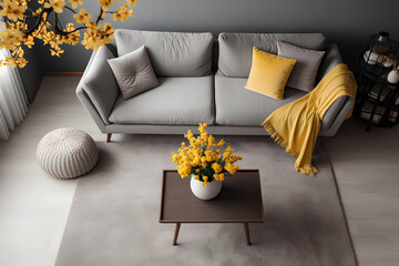 Cozy sofas and coffee table with bouquet of narcissus flowers in living room

