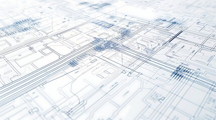 Abstract circuit pattern overlay on an architectural blueprint against a clean white background, symbolizing the integration of technology in modern building design, presented in realistic