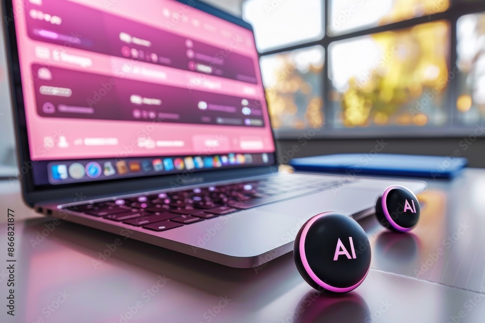 Aufkleber person using ai voice assistant on laptop, representing tech innovation and artificial intelligence 