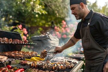 Fototapeta premium Chef grilling a variety of meats and vegetables at a backyard barbecue party