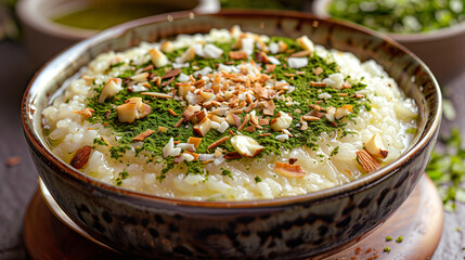 Matcha Rice Pudding: a creamy and comforting dessert with matcha powder added for a hint of green tea flavor. Topped with toasted coconut or sliced almonds for crunch. 