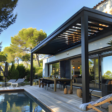 Projet de construction d'une v&eacute;randa ou pergola bioclimatique pour une maison d'habiation moderne blanche
