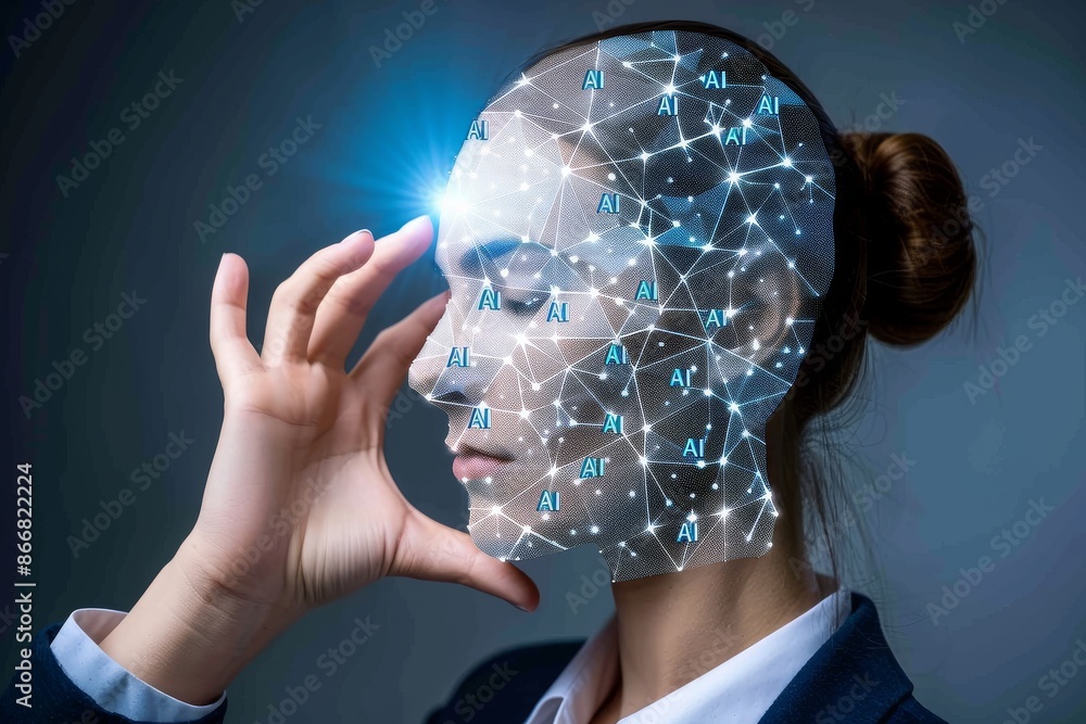 Aufkleber woman with ai digital interface, representing tech innovation and artificial intelligence in a moder