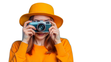 Young Woman in Yellow Hat and Sweater Holding Vintage Camera