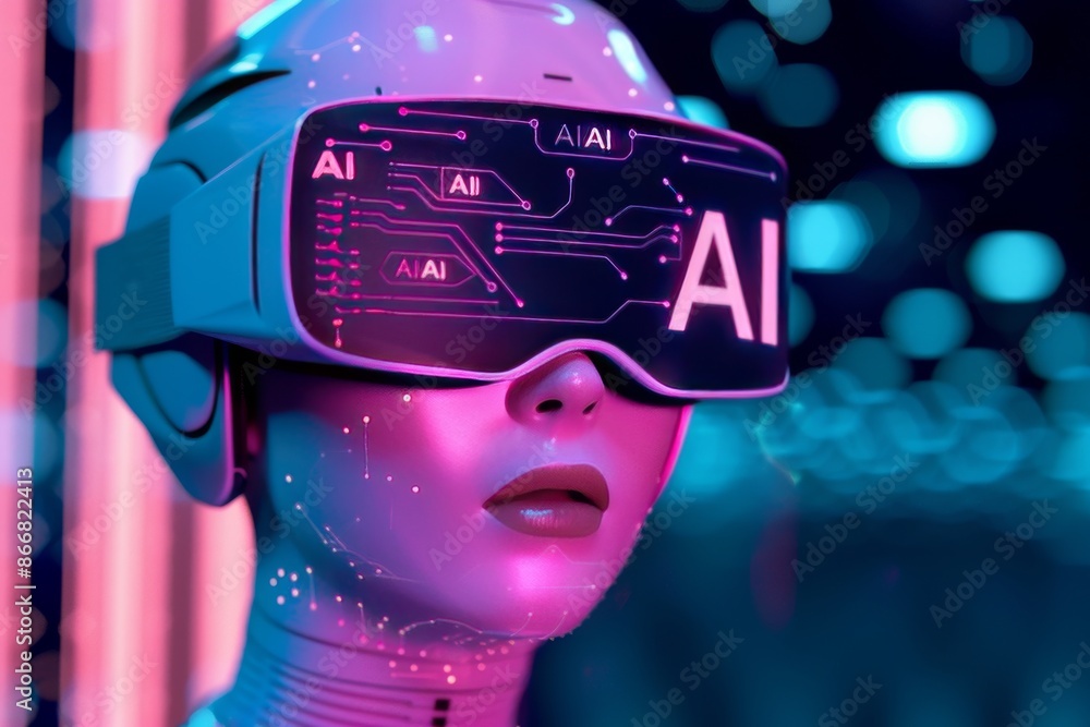 Poster woman using ai vr headset, showcasing tech innovation and artificial intelligence in an interactive 