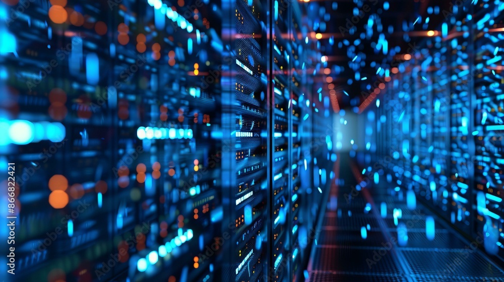 Poster futuristic server room with data flow. server room with rows of network servers and digital data flo