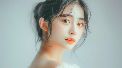 face of a beautiful young Korean woman on a white background, beauty shooting, healthy clean skin, studio, head shot, model, wellness, makeup, female, purity, smile, Asian, Japanese, Chinese girl