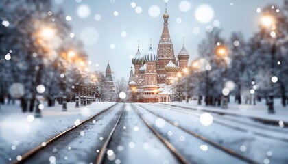 Fototapeta premium Railway tracks covered in snow lead towards the iconic St. Basil's Cathedral in Moscow, Russia, during a winter snowfall, with the beautiful cathedral illuminated in the background.
