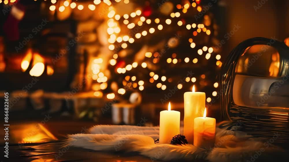 Poster video of candles display on a table in front of a fireplace. the candles are arranged in a row and a