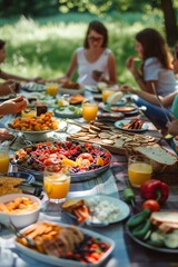 Family and friends gathered around a table enjoying a festive summer picnic with delicious food
