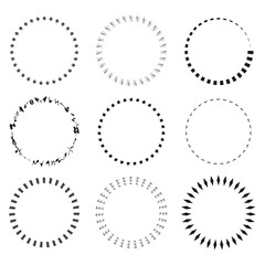 Circular border set. Black vector designs. Decorative round frames. Abstract geometric elements.