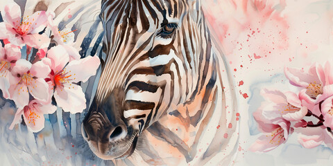Watercolor painting of close-up zebra surrounded by pink cherry blossoms. 
