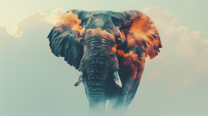 double exposure of an elephant with the savannah, biodiversity concept, created with generative AI technology