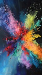 Vibrant burst of colorful powder paints is captured exploding against a dark background, creating an abstract and dynamic composition