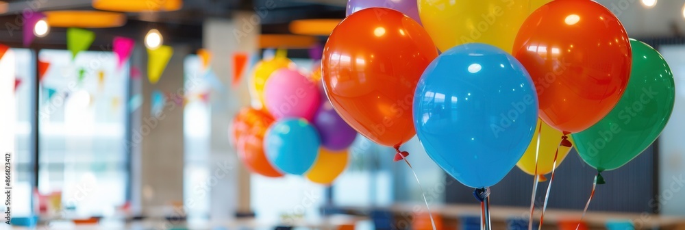 Poster a group of colorful balloons decorate an office event. the balloons are tied together and are floati