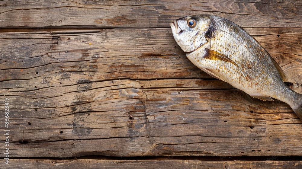 Poster fresh sea bream on rustic table with copy space top view