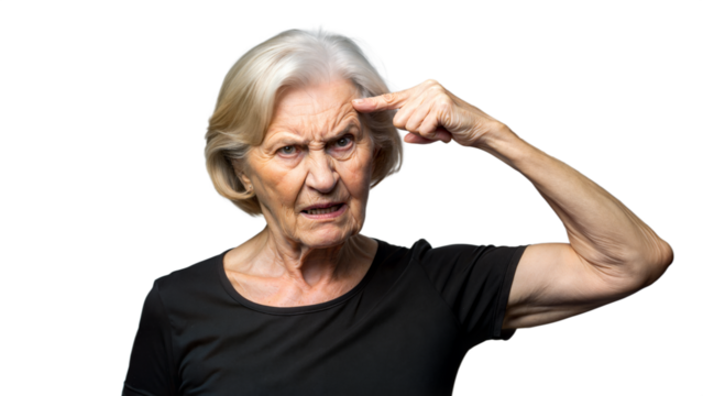 Angry Senior Woman Gesturing With Forefinger at Temple