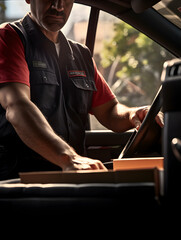 Close up of a postal worker delivering mail to a residential mailbox, suburban neighborhood background 