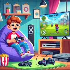 Happy Child Playing Video Games on TV in Cozy Cartoon-Style Room
