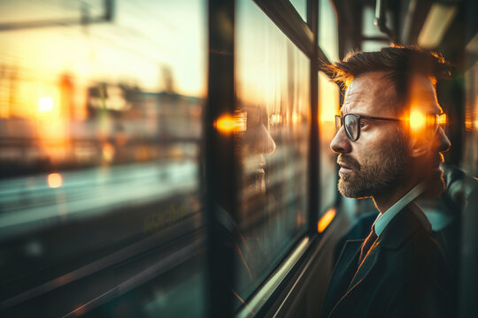 Businessman looks out the window while traveling to work by train during morning rush hour.