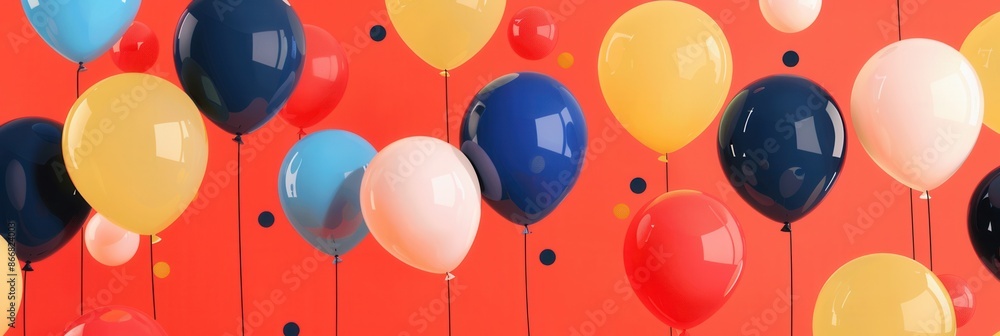 Poster a festive collection of balloons in corporate colors, decorating an office event. the balloons are a
